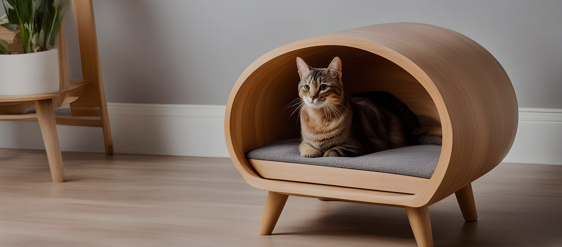 Cat lying on a wooden pet bed with a gray cushion in a room setting.